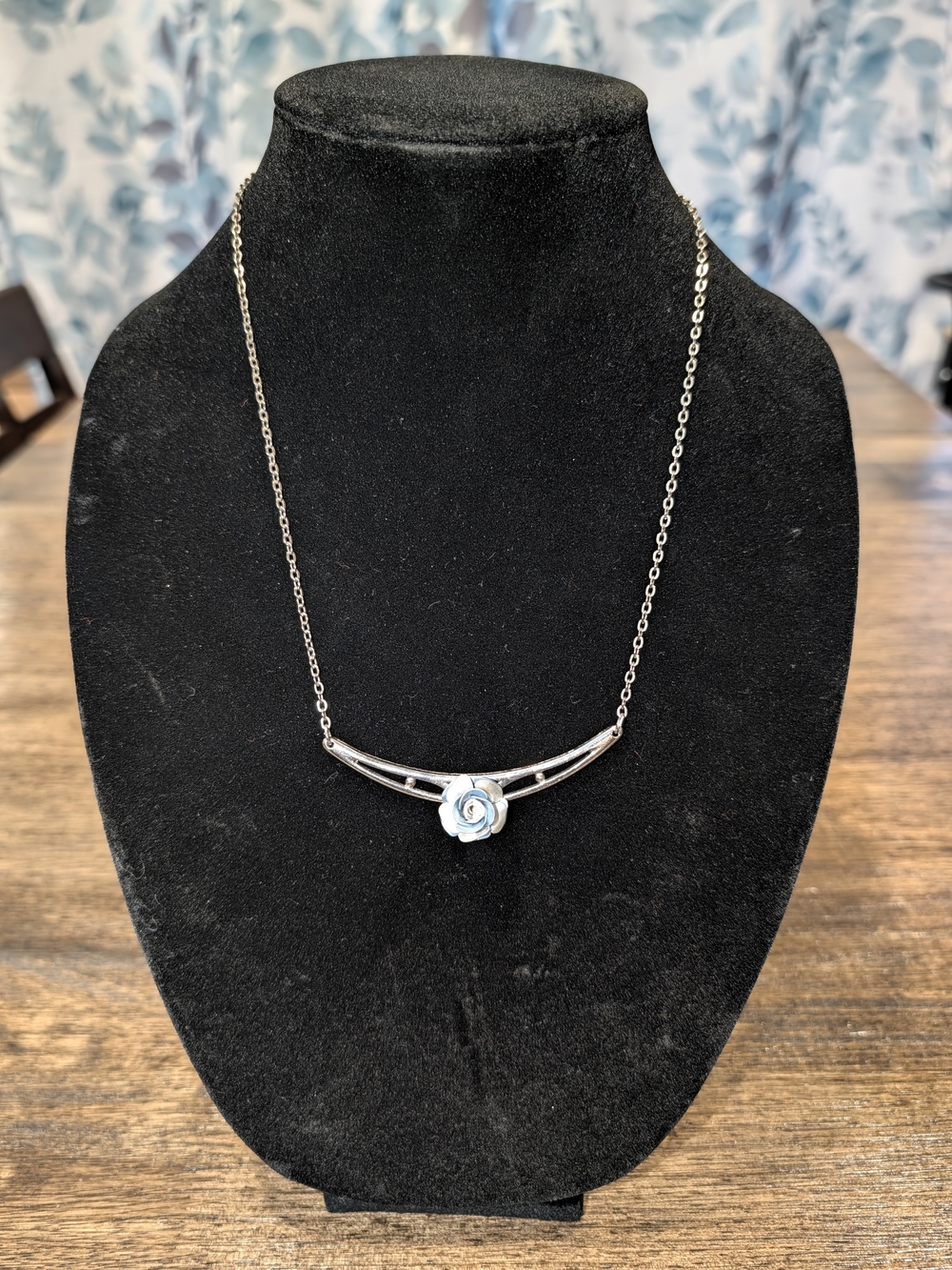 Silver & Blue Rose Curved Bar Necklace for Women